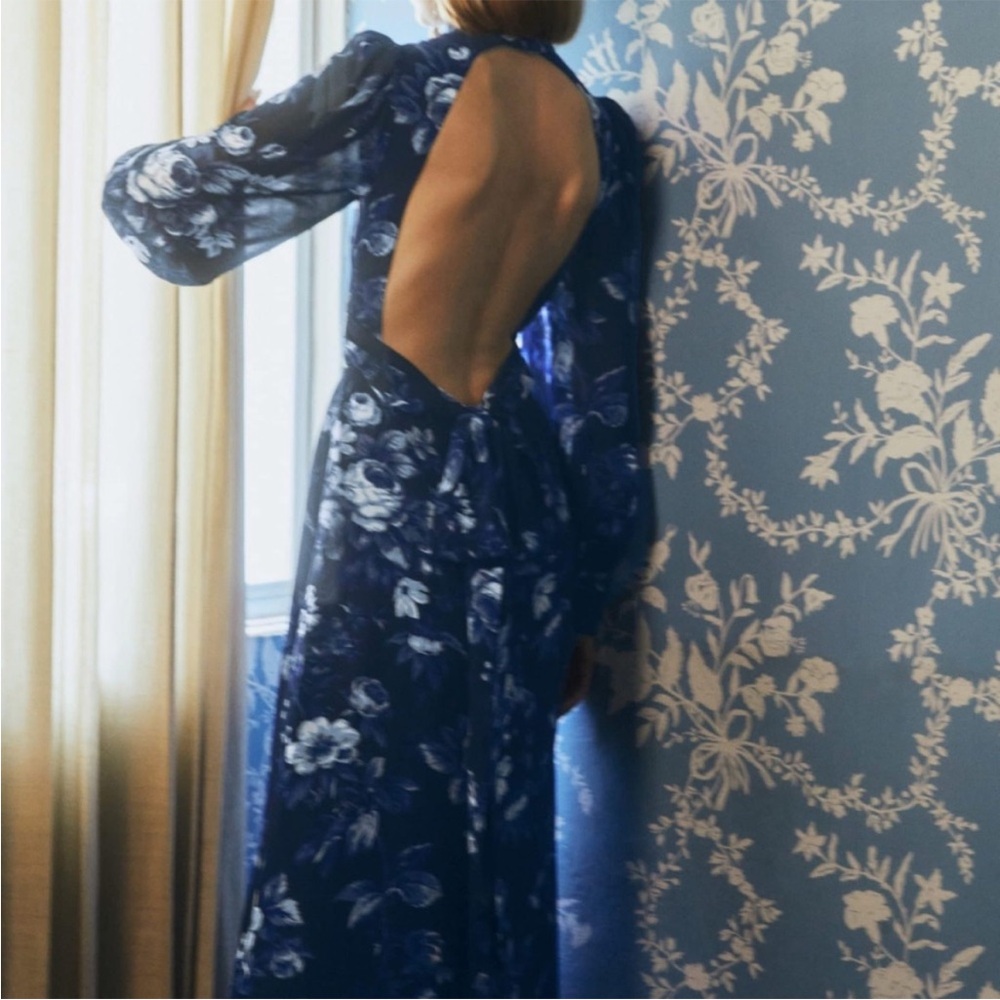 Blue and White Bishop Sleeve Backless Gown